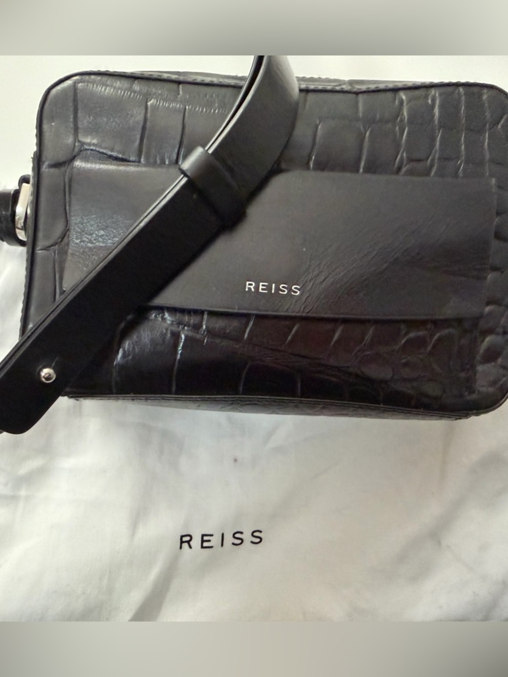 Reiss Black Croc-Textured Leather Crossbody Camera Bag - Picture 2 of 11